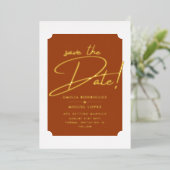 GOLD 実在 Foil Terracotta Save the Date 結婚's 箔招待状 (立ち正面)