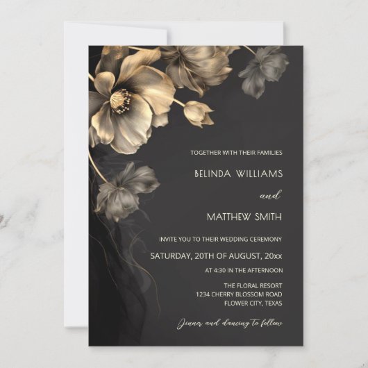 Gold 3 D Flowers Black Wedding Invitation 招待状 (正面)