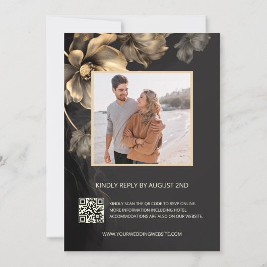 Gold 3 D Flowers Black Wedding Invitation 招待状 (裏面)