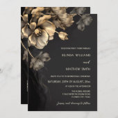 Gold 3 D Flowers Black Wedding Invitation 招待状 (正面/裏面)