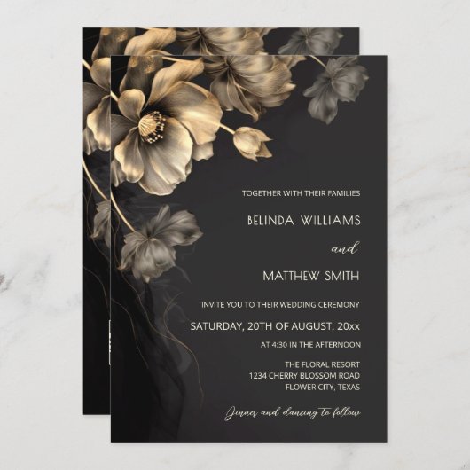 Gold 3 D Flowers Black Wedding Invitation 招待状 (正面/裏面)