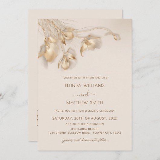 Gold 3D Flowers 招待状 (正面/裏面)