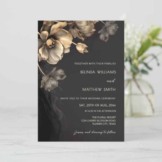 Gold 3D Flowers Black Wedding Invitation 招待状 (スタンド正面)