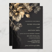 Gold 3D Flowers Black Wedding Invitation 招待状 (正面/裏面)