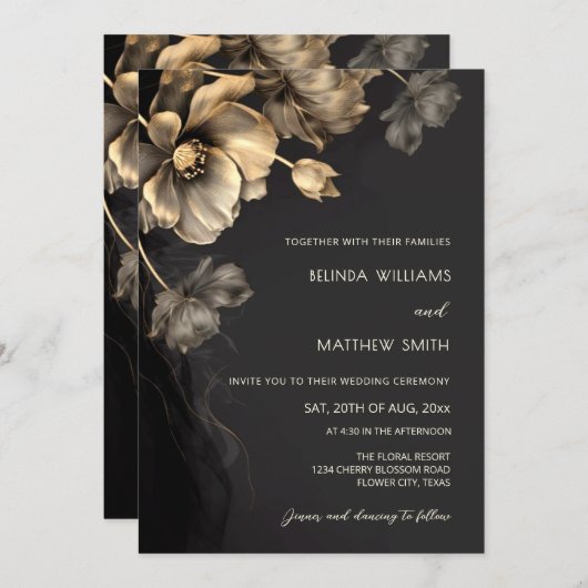 Gold 3D Flowers Black Wedding Invitation 招待状 (正面/裏面)