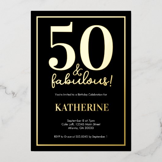 Gold 50 and Fabulous 50th Birthday Foil Invitation 箔招待状 (正面)