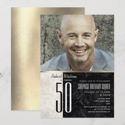 Gold 50th Birthday Photo Invitation for Men 招待状 (正面/裏面)