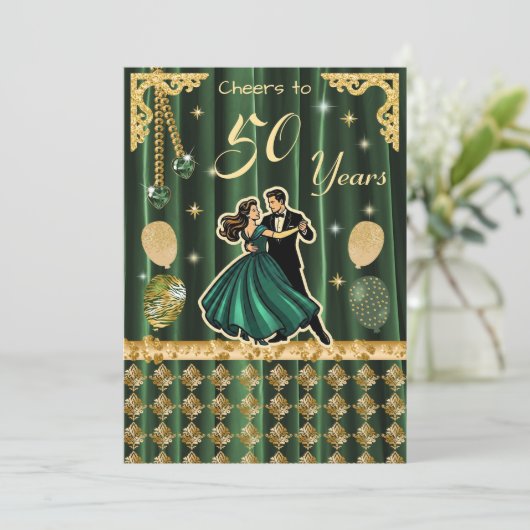 Gold 50th Birthday with Dancing Couples Invitation 招待状 (スタンド正面)