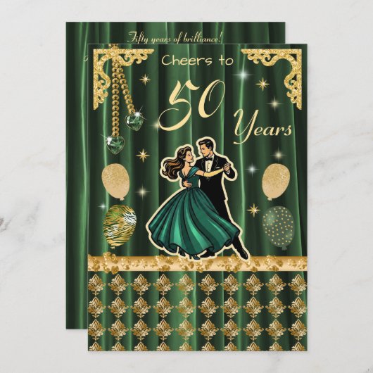 Gold 50th Birthday with Dancing Couples Invitation 招待状 (正面/裏面)