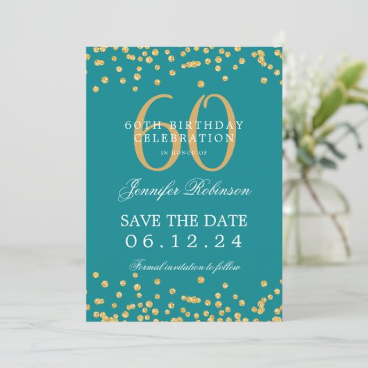 Gold 60th Birthday Save the Date Confetti Teal 招待状 (スタンド正面)