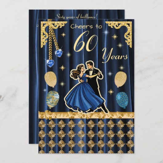 Gold 60th Birthday with Dancing Couples 招待状 (正面/裏面)