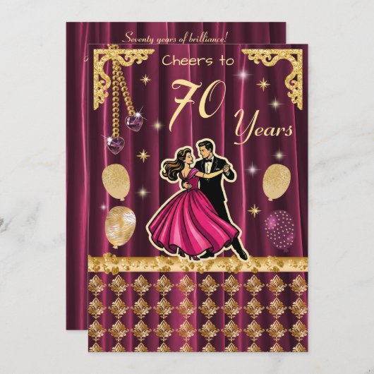 Gold 70th Birthday with Dancing Couples 招待状 (正面/裏面)