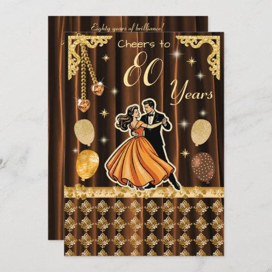 Gold 80th Birthday with Dancing Couples Invitation 招待状 (正面/裏面)