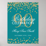 Gold 90th Birthday Glitter Confetti Teal ポスター<br><div class="desc">Elegant 90th Birthday Gold Teal Faux Glitter Confetti banner template.</div>