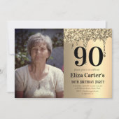 Gold 90th Ninety Drip Elegant Birthday  招待状 (正面)