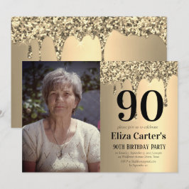 Gold 90th Ninety Drip Elegant Birthday  招待状