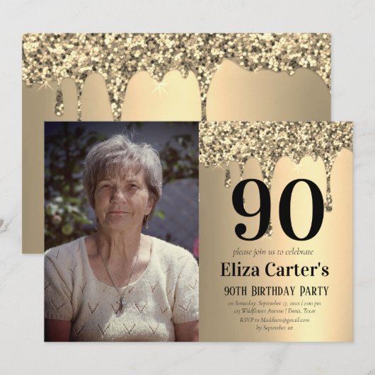 Gold 90th Ninety Drip Elegant Birthday  招待状 (正面/裏面)