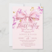 Gold A Little Butterfly Pink Bow Baby Shower 招待状 (正面)
