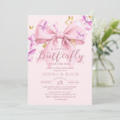 Gold A Little Butterfly  Pink Bow Baby Shower  招待状 (スタンド正面)