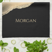 Gold Agate & Glitter, Gold Name on Black キッチンタオル (折り畳み)