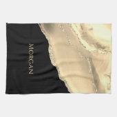 Gold Agate & Glitter, Gold Name on Black キッチンタオル (横)