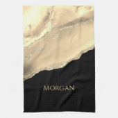 Gold Agate & Glitter, Gold Name on Black キッチンタオル (縦)
