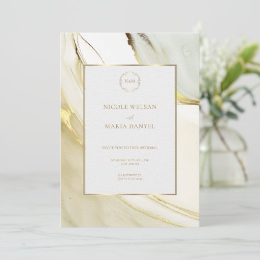 Gold Alcohol Ink White Chic Wedding Invitation 招待状 (スタンド正面)