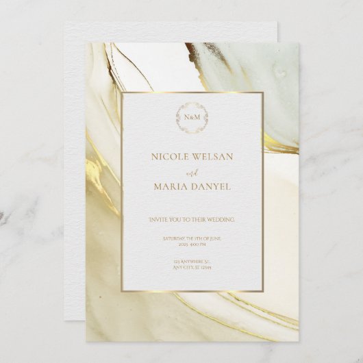 Gold Alcohol Ink White Chic Wedding Invitation 招待状 (正面/裏面)
