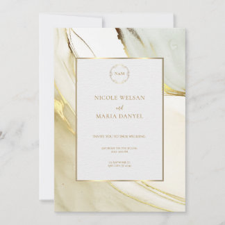 Gold Alcohol Ink White Chic Wedding Invitation 招待状