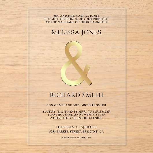 Gold Ampersand Wedding アクリル招待状 (正面)