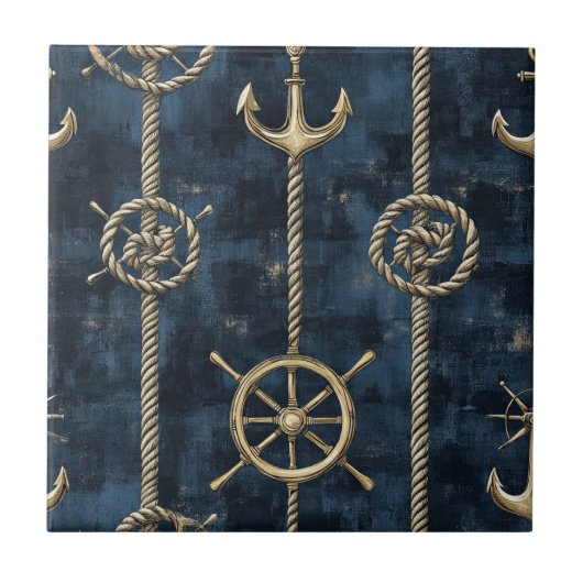 Gold Anchor & Helm Nautical Pattern タイル (正面)