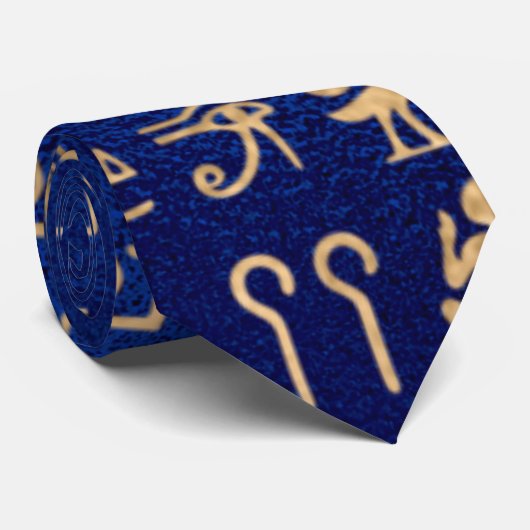 Gold Ancient Egyptian Hieroglyphics on Blue ネクタイ (ロール)