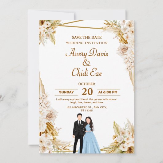 Gold and beige floral wedding invitation   招待状 (正面)
