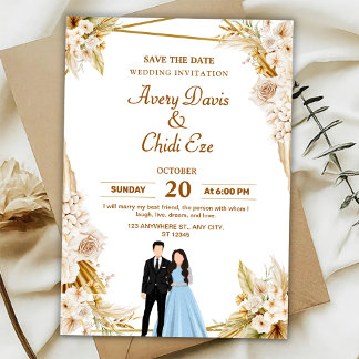 Gold and beige floral wedding invitation   招待状