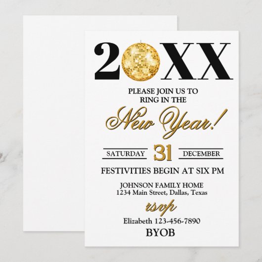 Gold and Black 2026 New Years Eve Party Invitation 招待状 (正面/裏面)