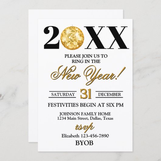 Gold and Black 2026 New Years Eve Party Invitation 招待状 (正面/裏面)