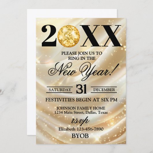 Gold and Black 2026 New Years Eve Party Invitation 招待状 (正面/裏面)