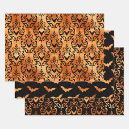 Gold and Black Bat Halloween Damask ラッピングペーパーシート