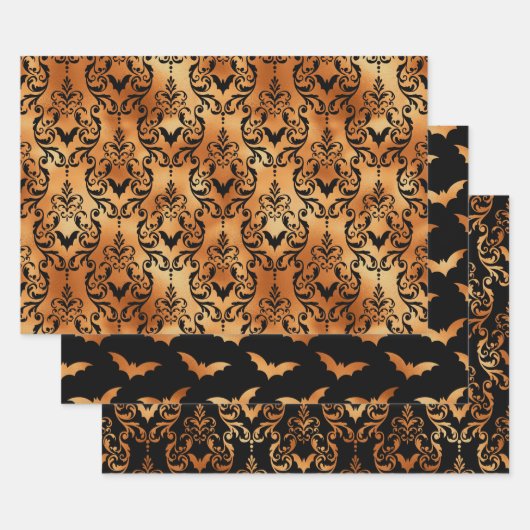 Gold and Black Bat Halloween Damask ラッピングペーパーシート (セット)