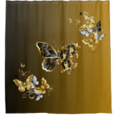 Gold and Black Butterfly Floral Art シャワーカーテン (正面)