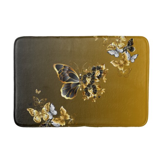 Gold and Black Butterfly Floral Art バスマット (正面)