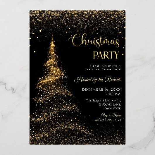 Gold and Black Christmas Holiday Party  Foil  箔招待状 (正面)