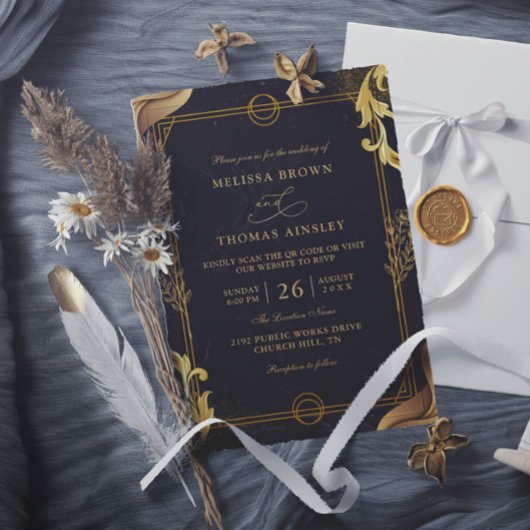 Gold and Black Elegant Budget QR Code Wedding 招待状