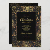 Gold and Black Floral Christmas Party 招待状 (正面/裏面)