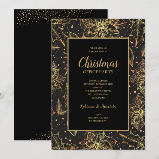 Gold and Black Floral Christmas Party 招待状 (正面/裏面)
