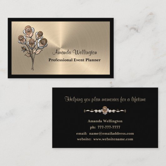 Gold and Black Floral Event Planner Business Card 名刺 (正面/裏面)