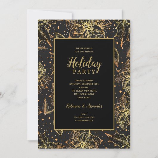 Gold and Black Floral Holiday Party 招待状 (正面)