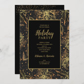 Gold and Black Floral Holiday Party 招待状 (正面/裏面)