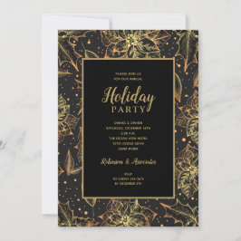 Gold and Black Floral Holiday Party 招待状