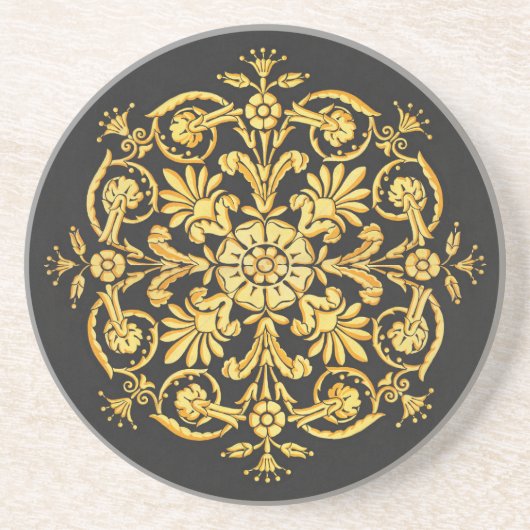 Gold And Black Floral Pattern コースター (正面)